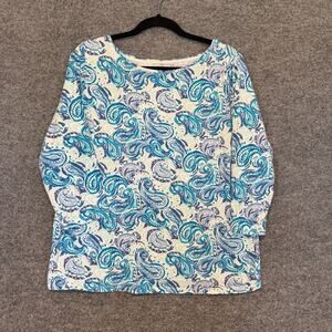 Talbots Shirt Womens 1X Blue White Paisley 3/4 Sleeve Stretch Boho Plus Size
